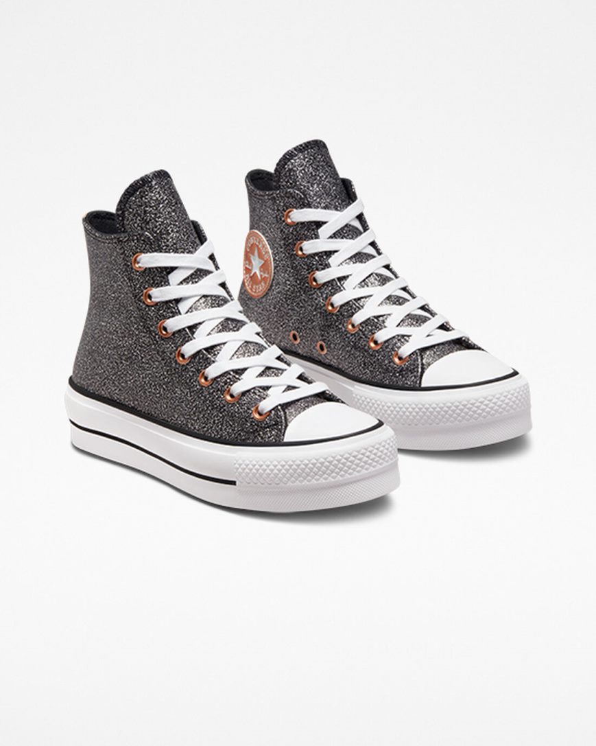 Zapatos Plataforma Converse Chuck Taylor All Star Lift Metallic Glitter Altas Mujer Negras Cobra Blancas | PE 72WEL4